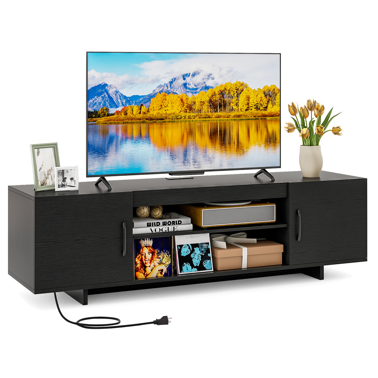 TV Stand with Power Outlet and 2 Cable Holes for 65 Inch TVs