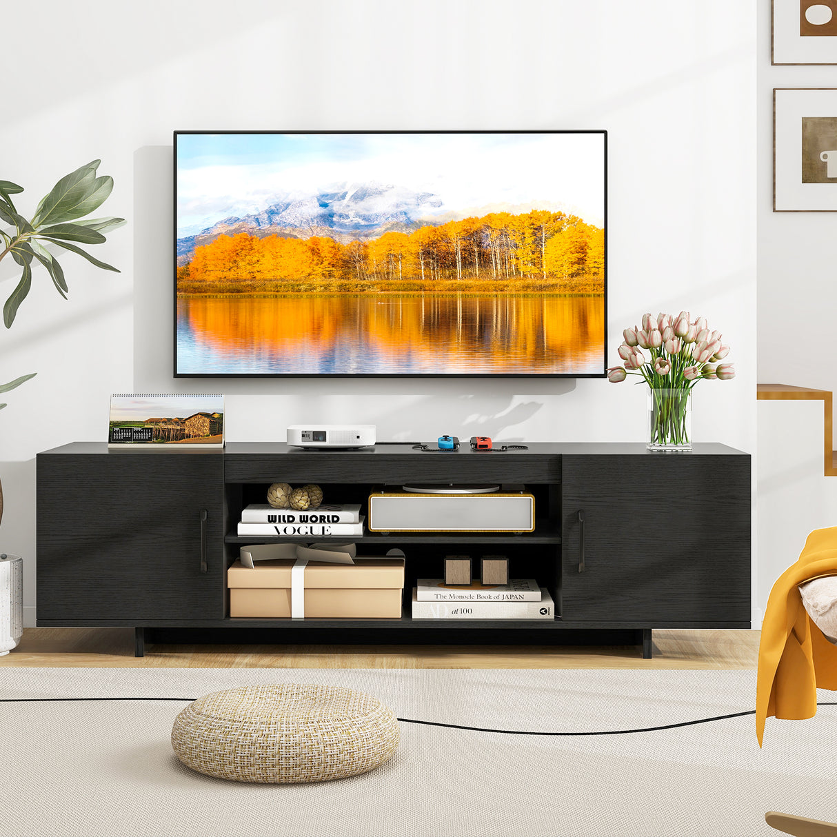 TV Stand with Power Outlet and 2 Cable Holes for 65 Inch TVs