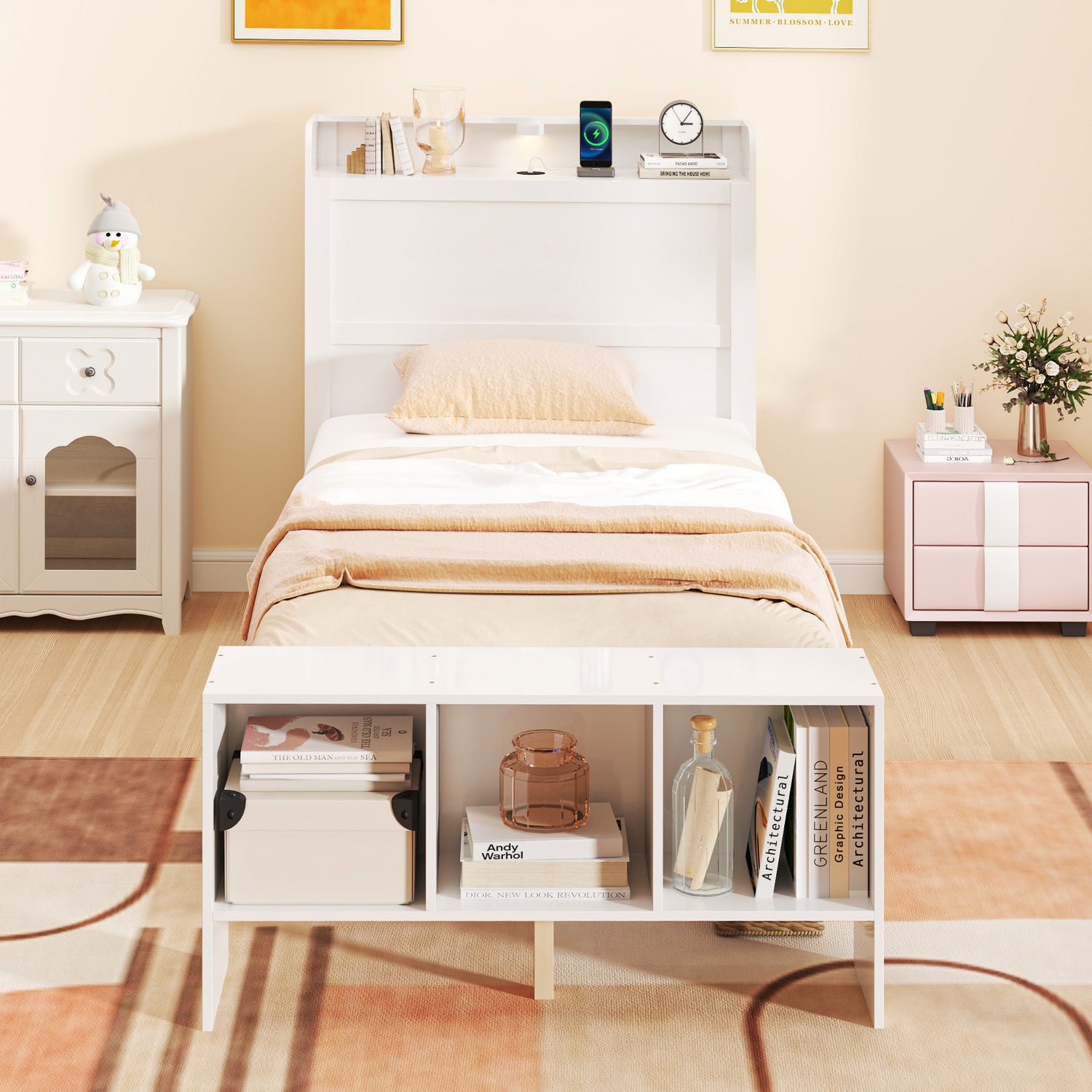 Twin Size Bed Frame with 2 USB Ports with Storage Headboard and Lights