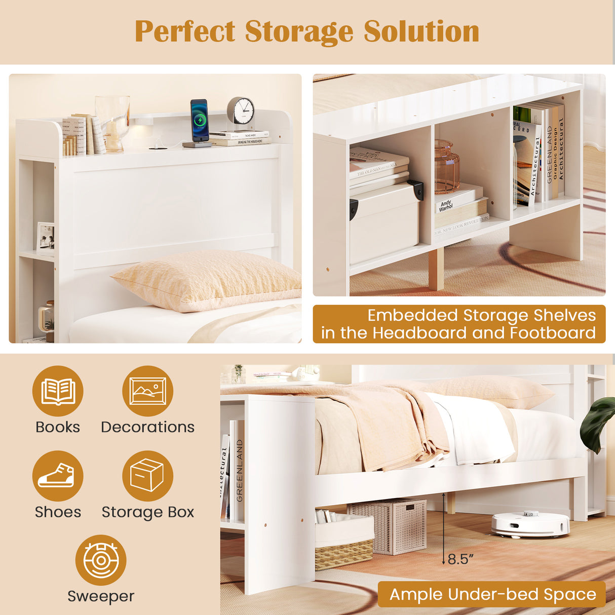 Twin Size Bed Frame with 2 USB Ports with Storage Headboard and Lights