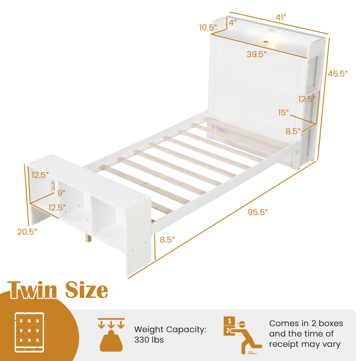 Twin Size Bed Frame with 2 USB Ports with Storage Headboard and Lights
