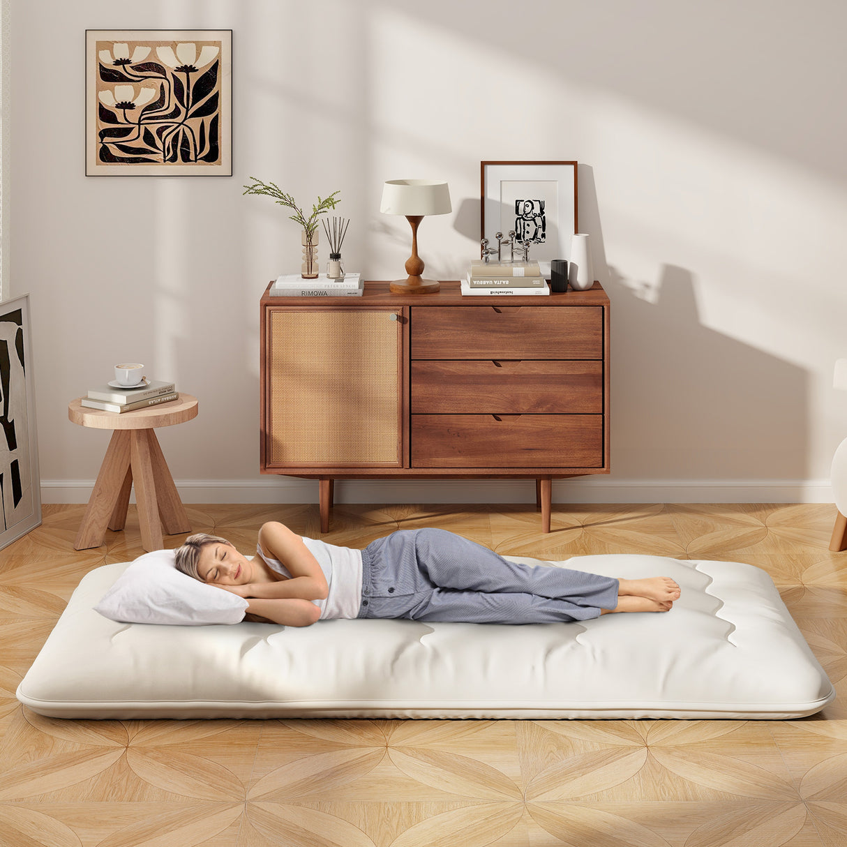 Queen/King/Twin/Full Futon Mattress Floor Sleeping Pad with Washable Cover Beige