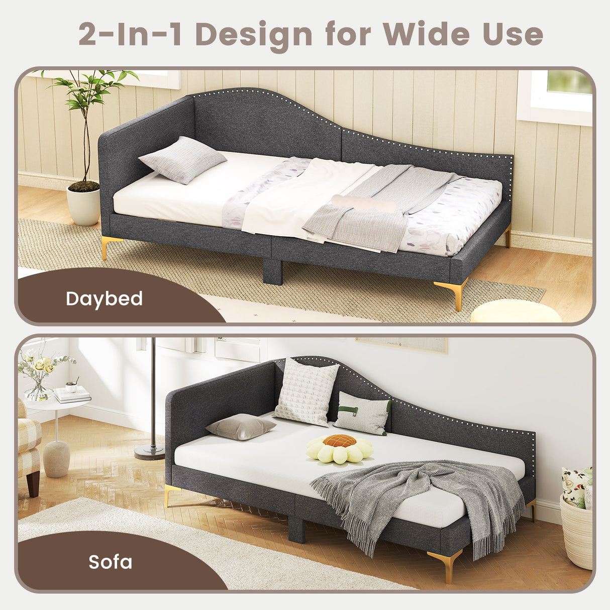 Full/Twin Size Rivet-Tufted Platform Bed with Metal Legs and Wood Slats
