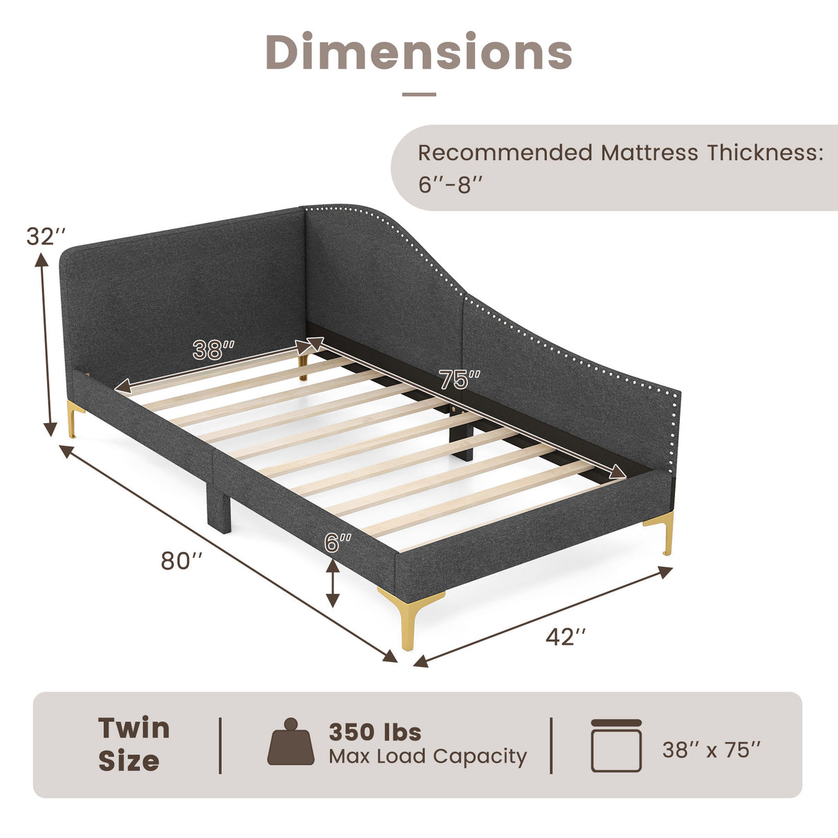 Full/Twin Size Rivet-Tufted Platform Bed with Metal Legs and Wood Slats