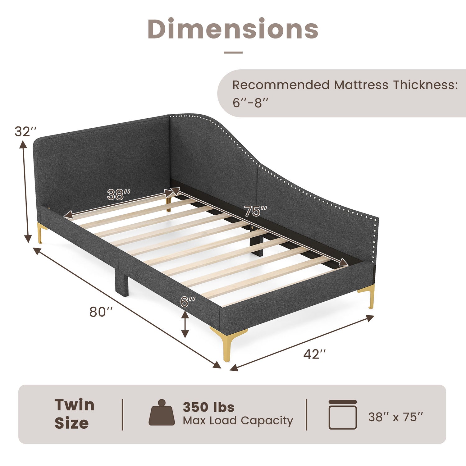 Full/Twin Size Rivet-Tufted Platform Bed with Metal Legs and Wood Slats