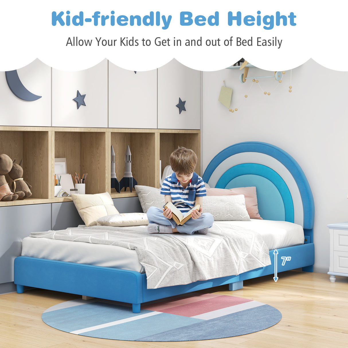Twin Bed Frame with Height-Adjustable Headboard and Sturdy Wooden Slats