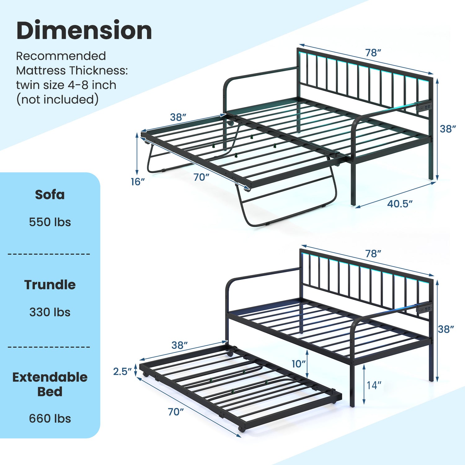 Twin Daybed with Charging Station and LED Lights-Black