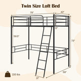 Twin Metal Loft Bed Frame with Ladder and Metal Slats Support-Black