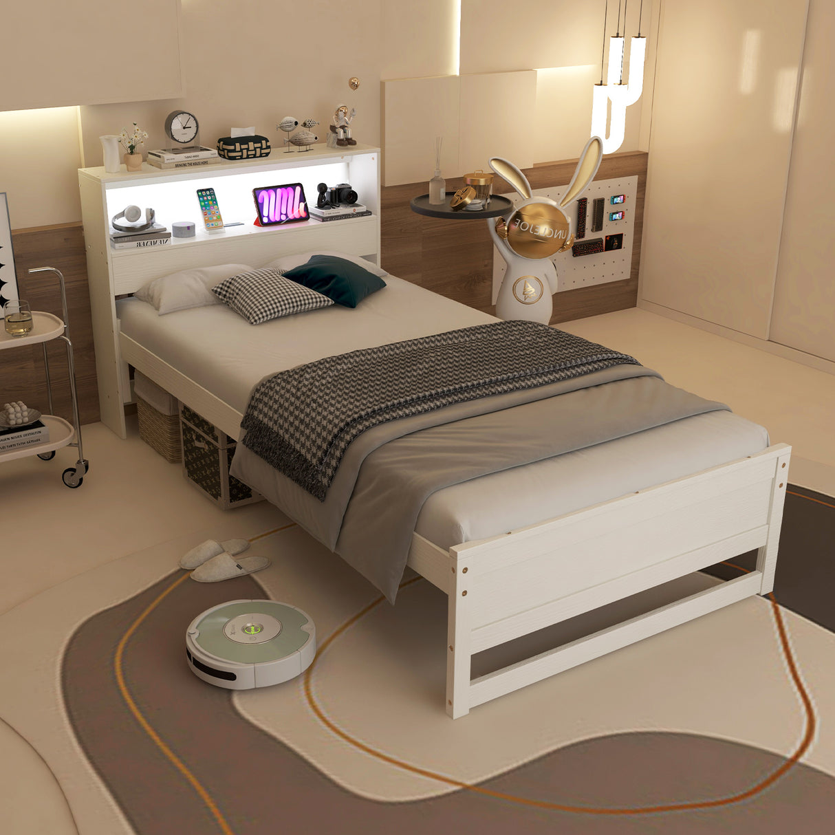 Twin Size Bed Frame with Storage Headboard and Charging Station