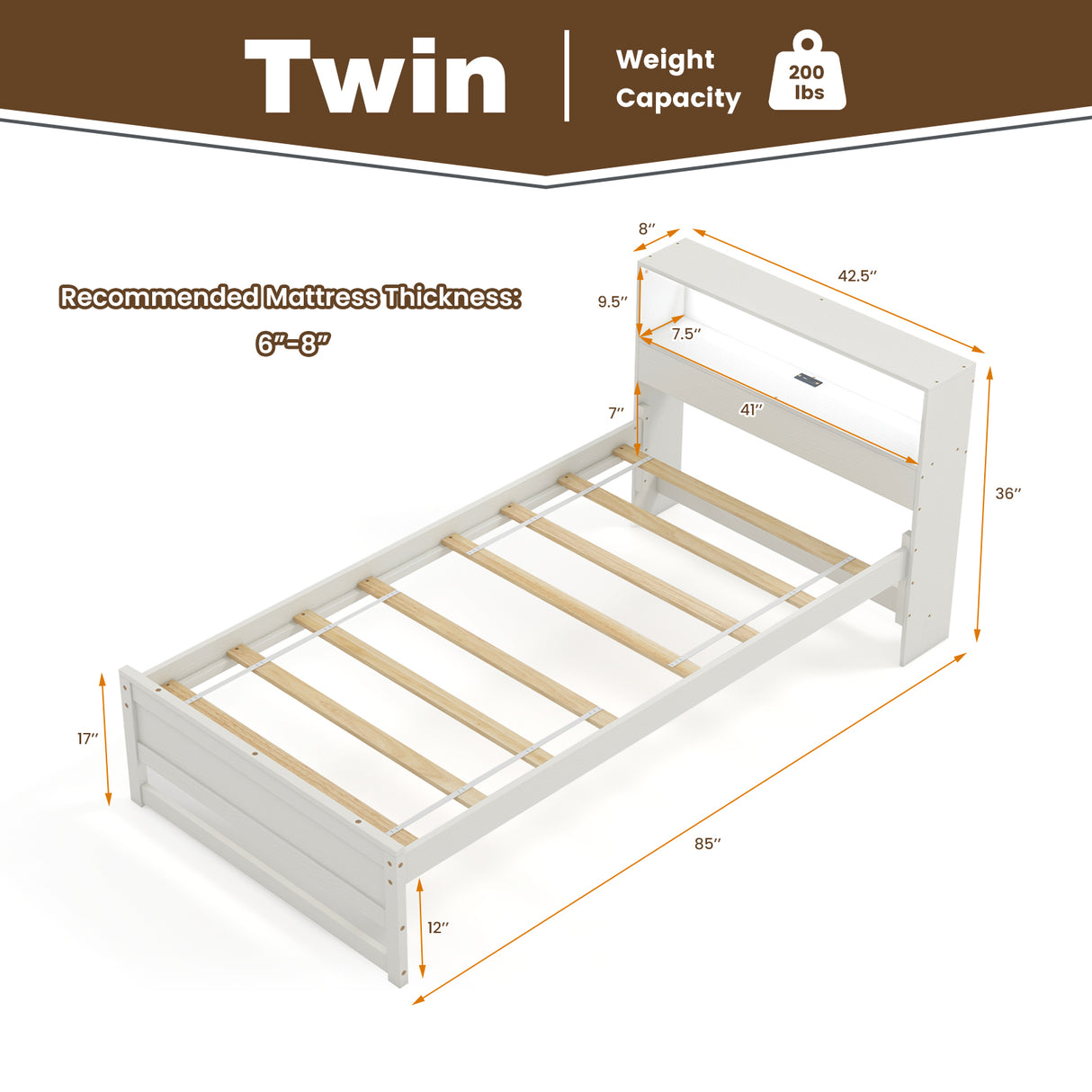 Twin Size Bed Frame with Storage Headboard and Charging Station