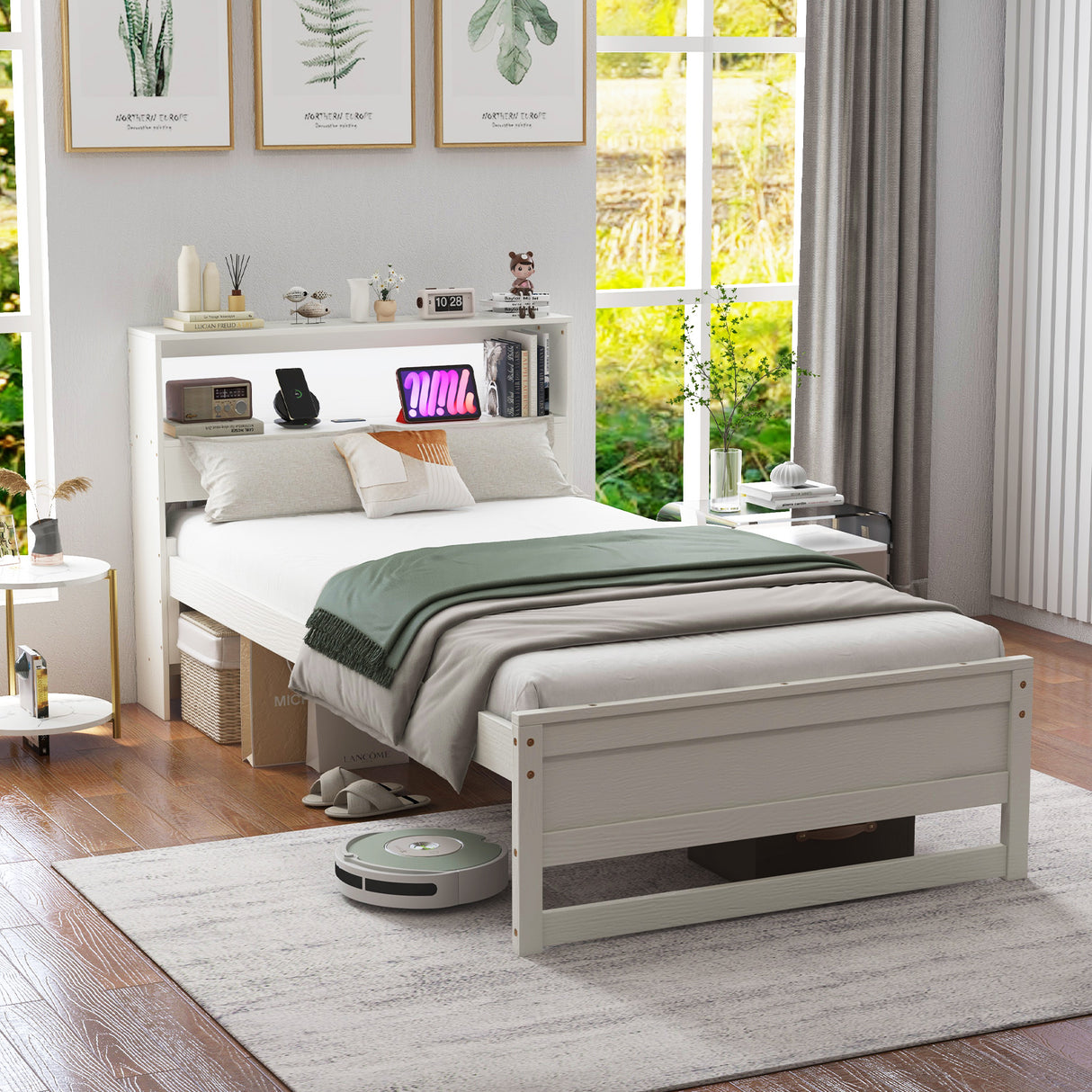 Twin Size Bed Frame with Storage Headboard and Charging Station
