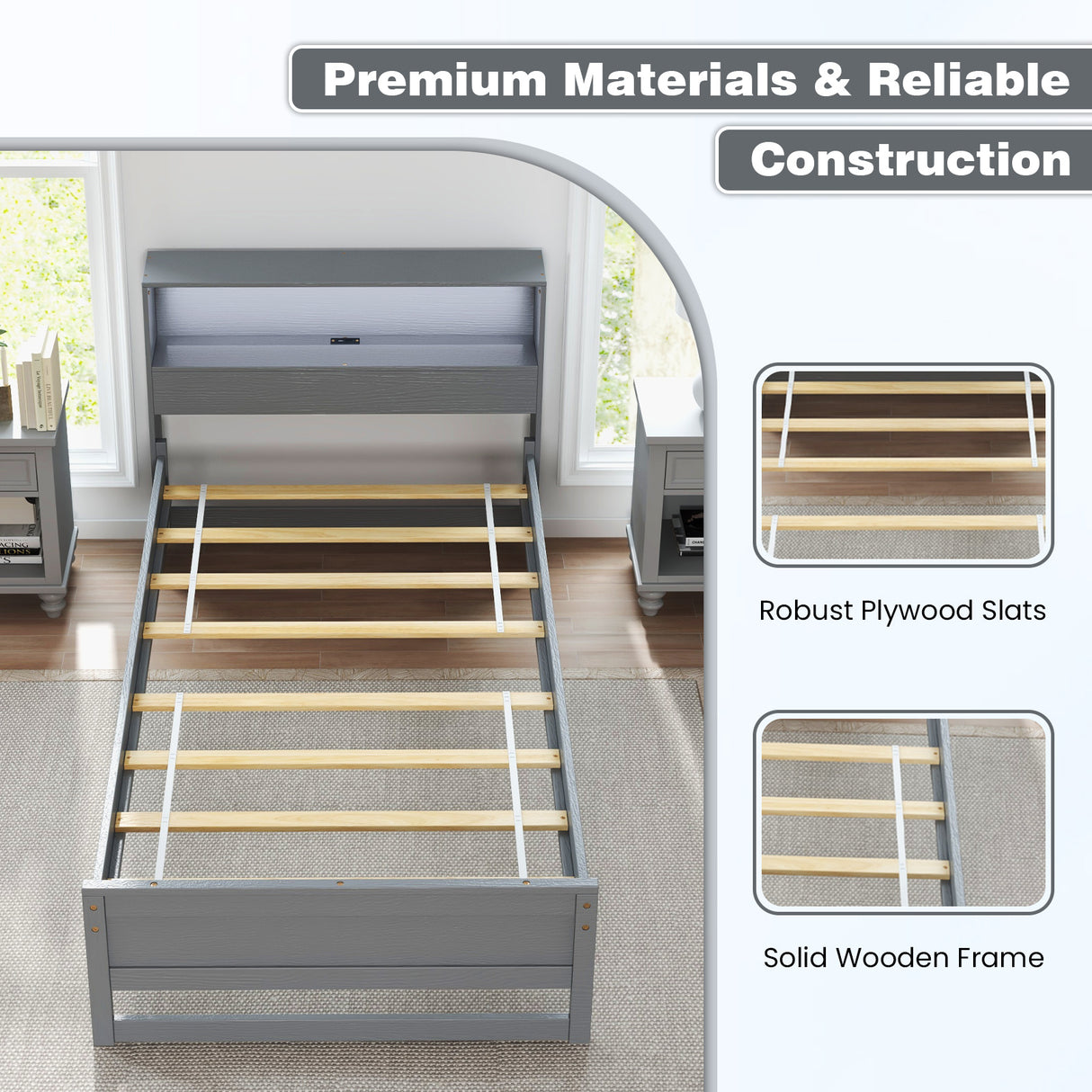 Twin Size Bed Frame with Storage Headboard and Charging Station