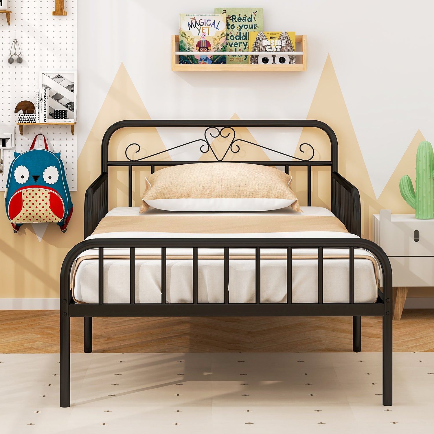 Twin Size Bed Frame with Headboard and Safety Side Guardrails