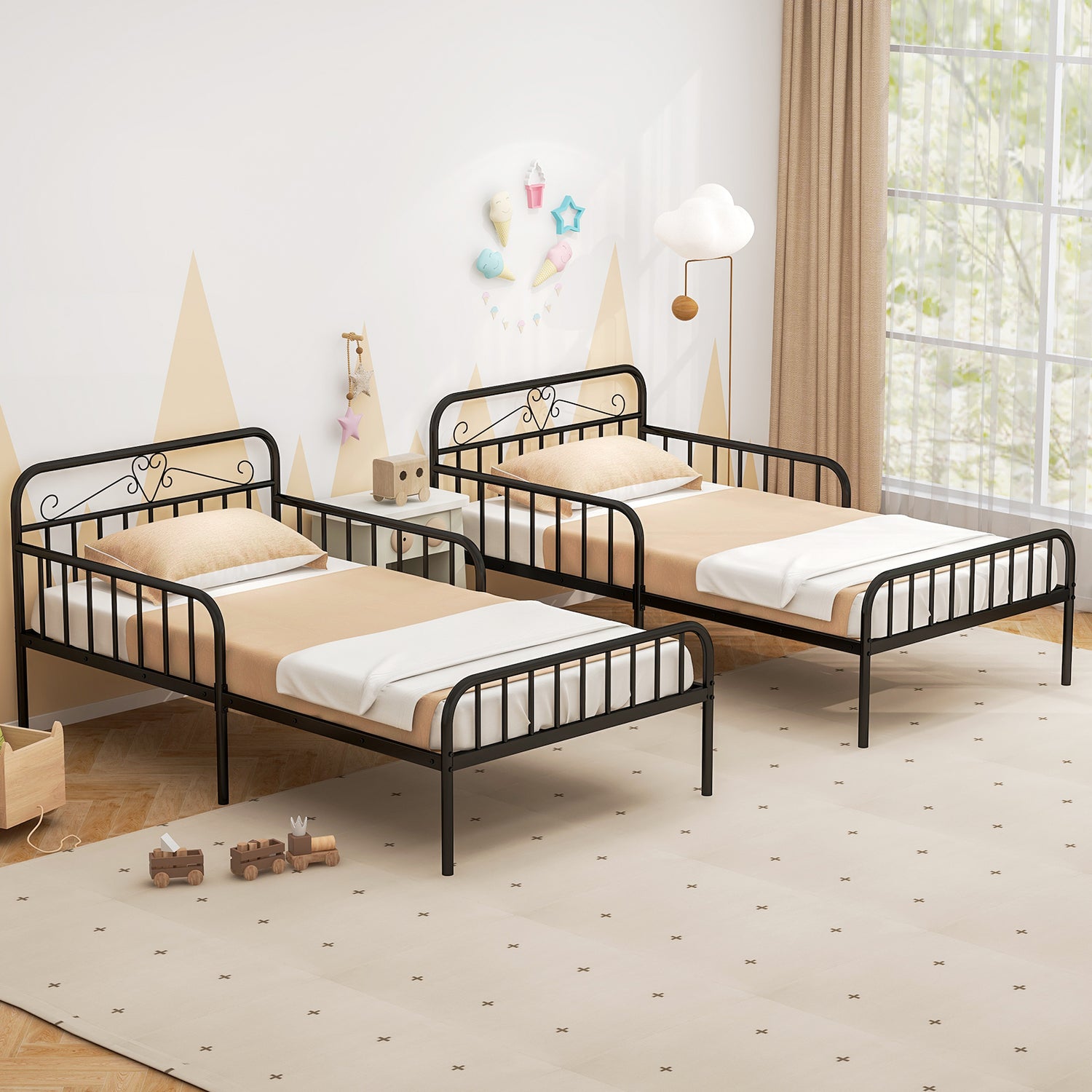 Twin Size Bed Frame with Headboard and Safety Side Guardrails