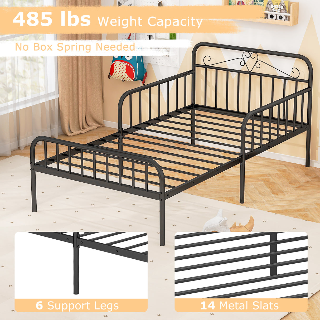 Twin Size Bed Frame with Headboard and Safety Side Guardrails