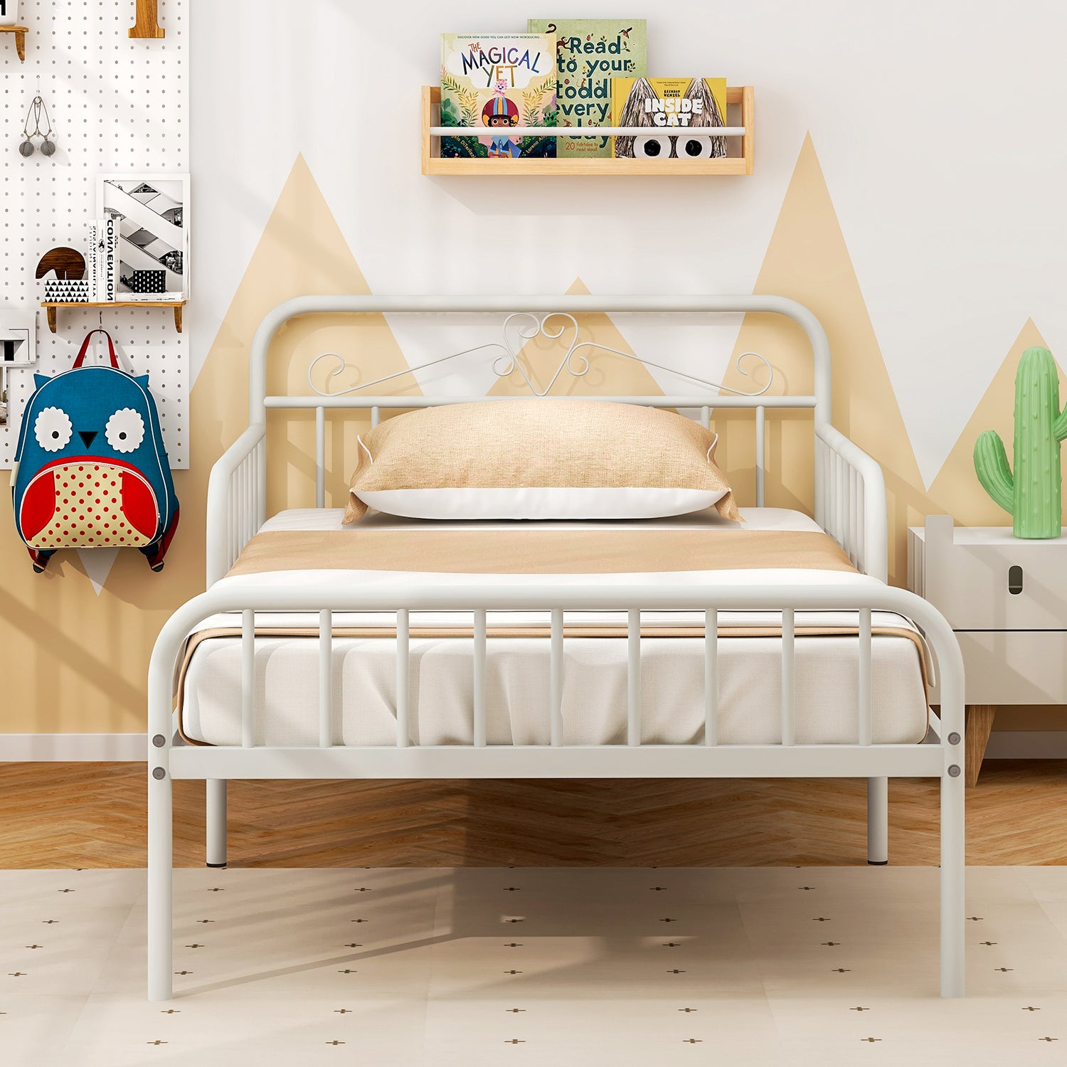 Twin Size Bed Frame with Headboard and Safety Side Guardrails