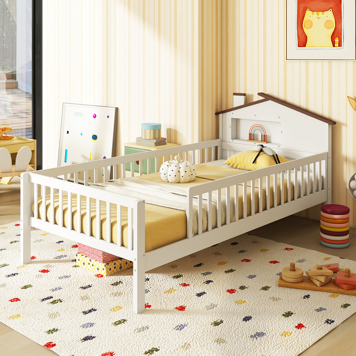 Twin Size Kids Montessori Bed with House-Shaped Headboard and Built-in Storage Shelf