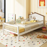 Twin Size Kids Montessori Bed with House-Shaped Headboard and Built-in Storage Shelf