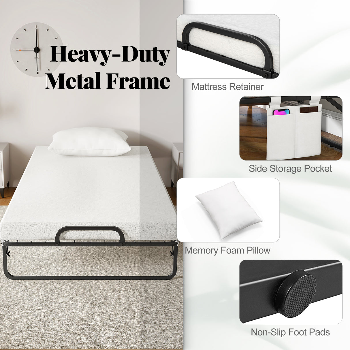 Twin Size Rollaway Guest Folding Bed with Pillow and Cover