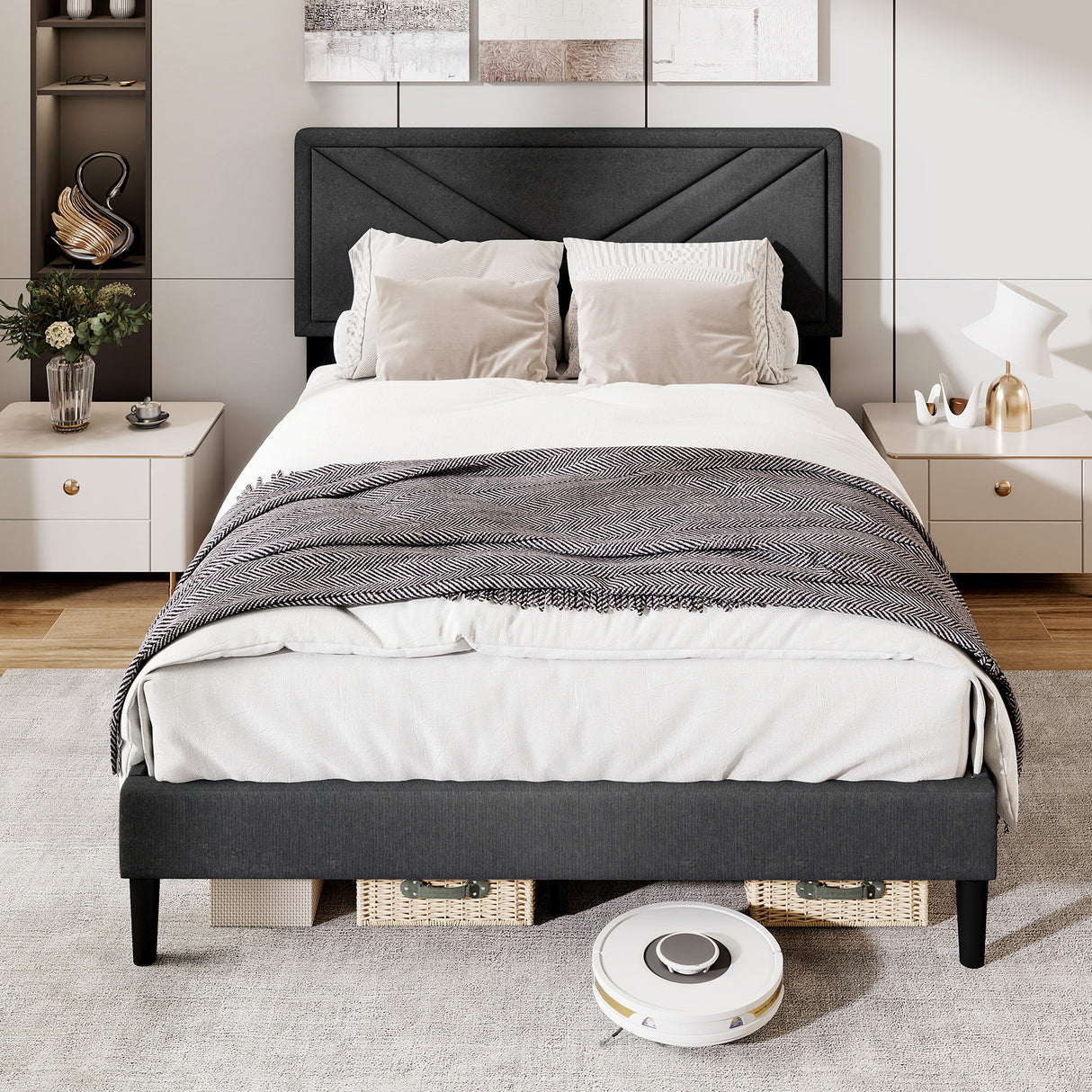 Upholstered Platform Bed with Tufted Headboard and Wooden Slats