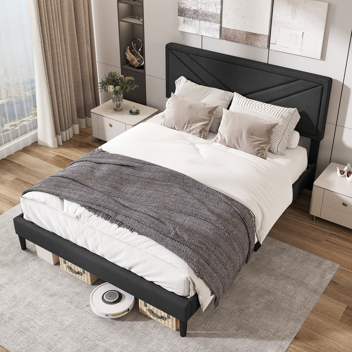 Upholstered Platform Bed with Tufted Headboard and Wooden Slats