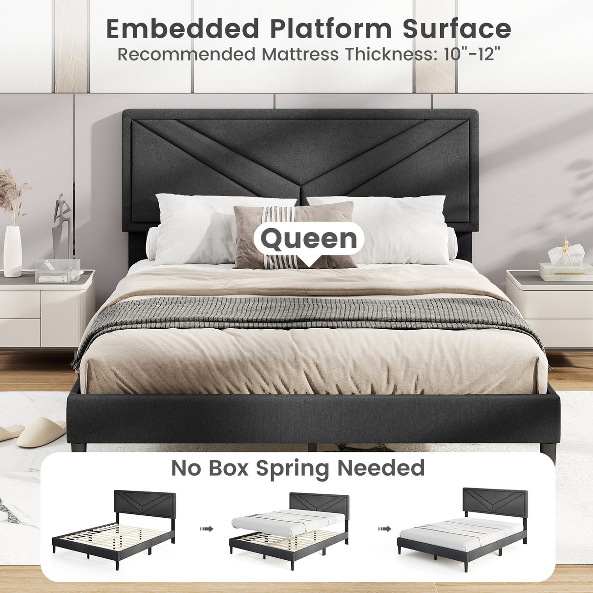 Upholstered Platform Bed with Tufted Headboard and Wooden Slats