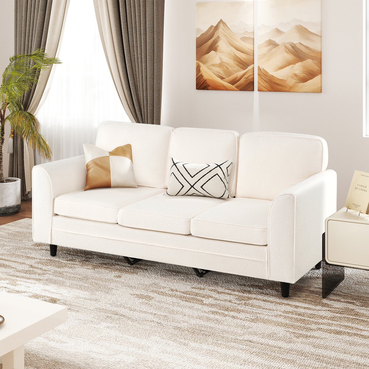 Upholstered Teddy Velvet 3-Seat Sofa with Comfy Back Pillows