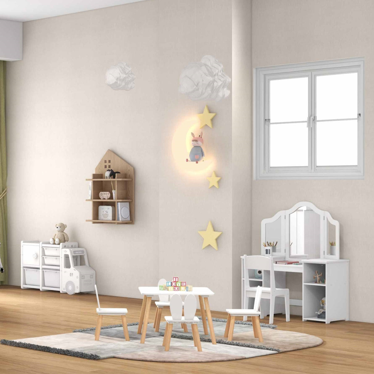 Kid's Room Bundle: Bed Frame + Kids Table and Chairs Set + Toddler Truck Storage Organizer + Kids Vanity Dressing Table