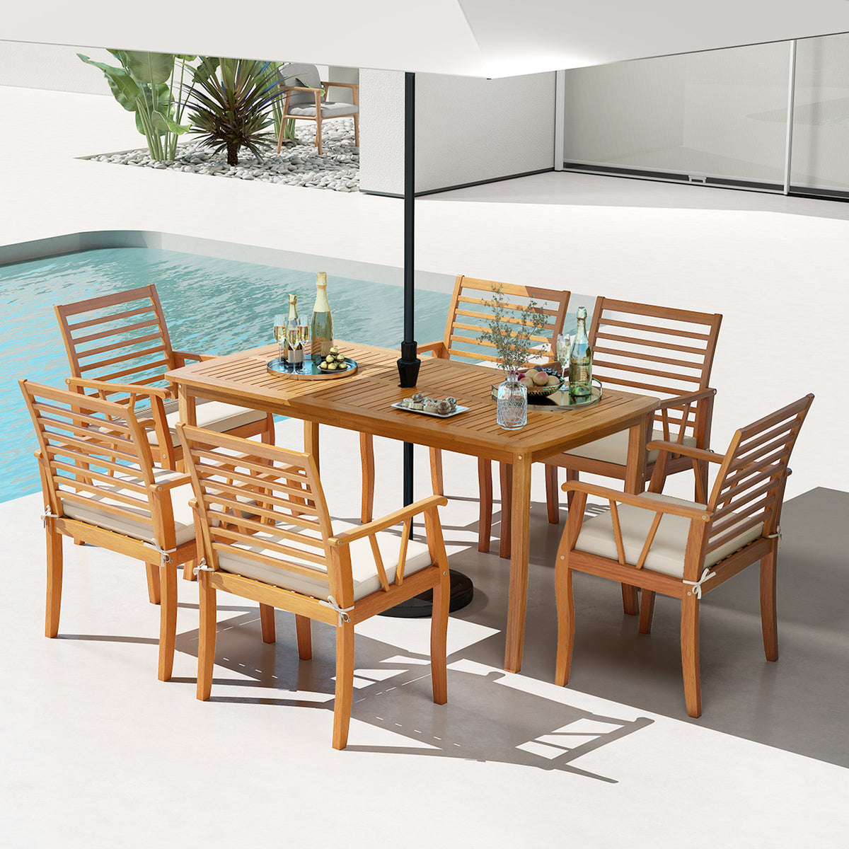 7Â Pieces AcaciaÂ WoodÂ PatioÂ DiningÂ Set withÂ 1.97 Inch Umbrella Hole and Padded Cushions