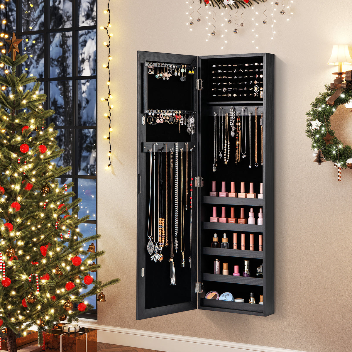 Jewelry Cabinet Wall or Door Mounted Jewelry Armoire with Full-Length Mirror-Black