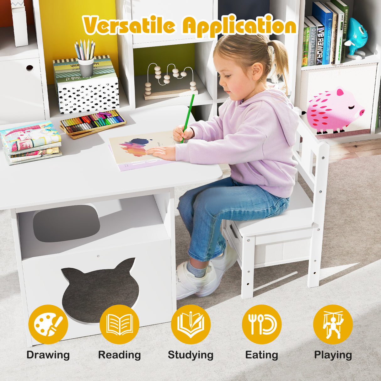 Kids Table and Chairs Set 3 Pieces Wooden Children Furniture with Cat House-White