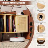 Record Player Stand with Charging Station and Rattan Cabinet for Living Room-Natural