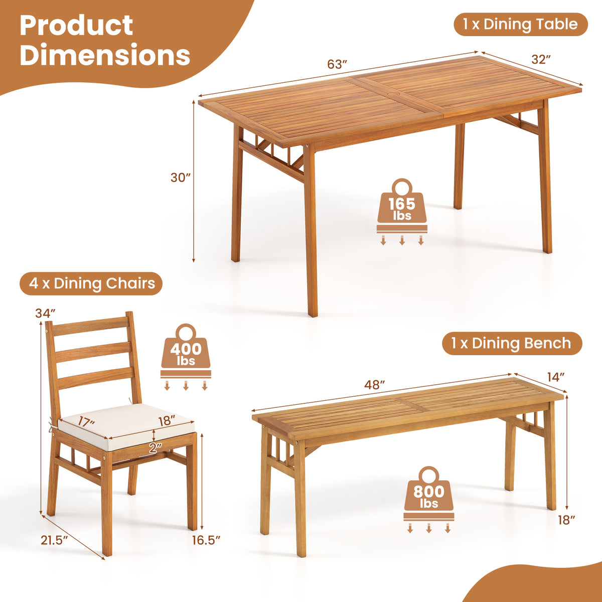 6 Pieces Patio Acacia Wood Dining Set with Bench Rectangular Table and Chairs