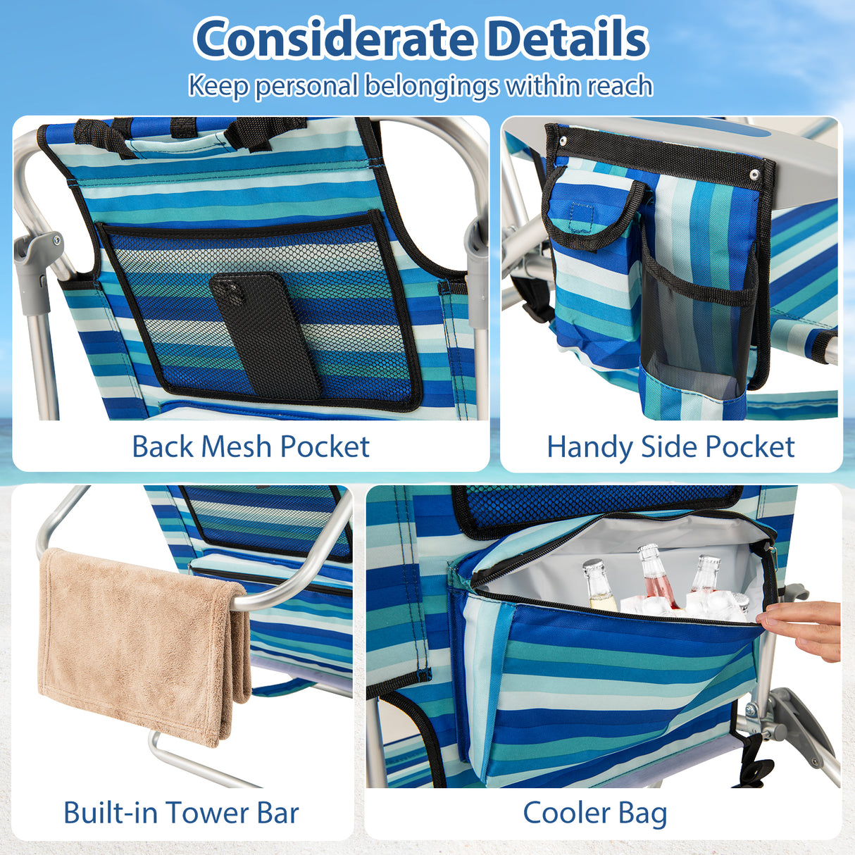 Set of 1 Folding Beach Chair for Adults with 4-Position Adjustable Backrest