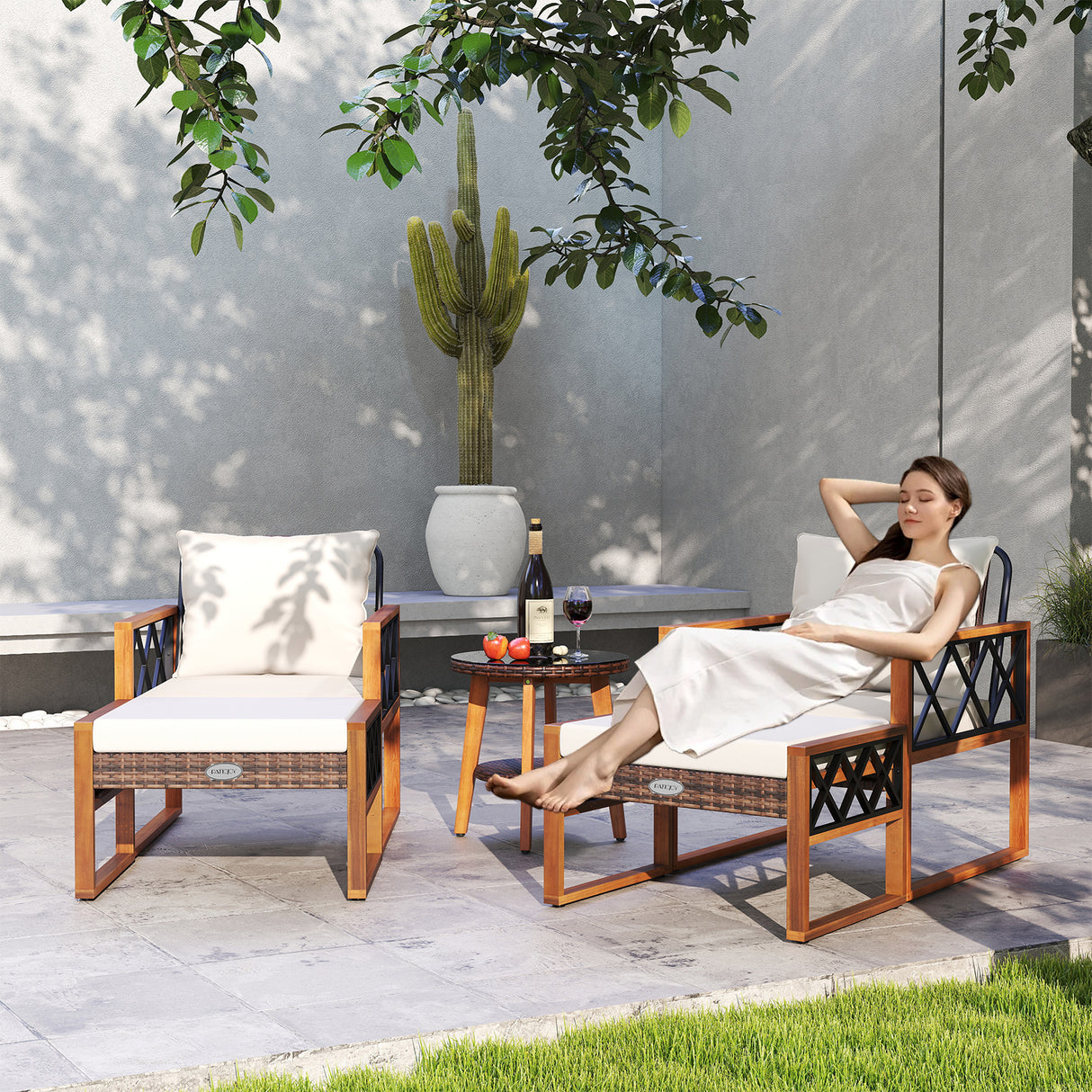 5 Pieces Patio Furniture Set PE Rattan Outdoor Conversation Set with Acacia Wood