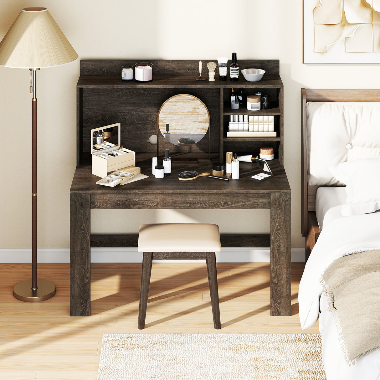 Modern Computer Desk with Hutch and Storage Shelves
