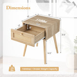 Set of 2 Modern Rattan Nightstand with Drawer and Solid Wood Legs for Bedroom and Living Room-Oak