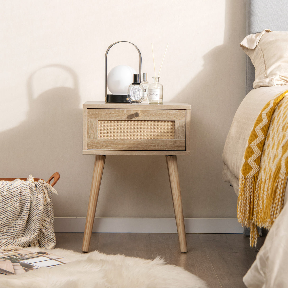 Set of 2 Modern Rattan Nightstand with Drawer and Solid Wood Legs for Bedroom and Living Room-Oak