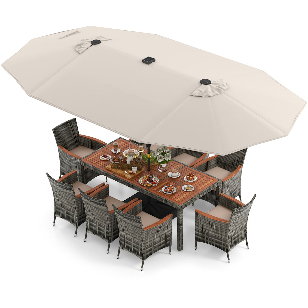 11 Pieces Patio Dining Set with 15 Feet Double-Sided Patio Umbrella Base Included
