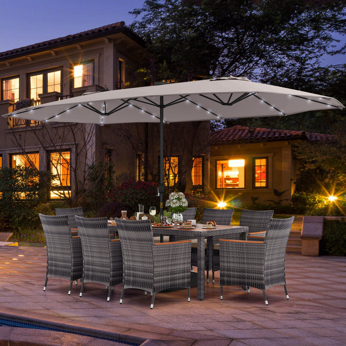 11 Pieces Patio Dining Set with 15 Feet Double-Sided Patio Umbrella Base Included