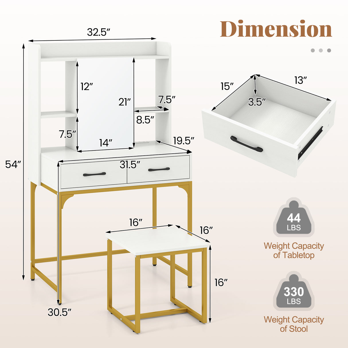 Vanity Desk with Storage Drawers and Charging Station