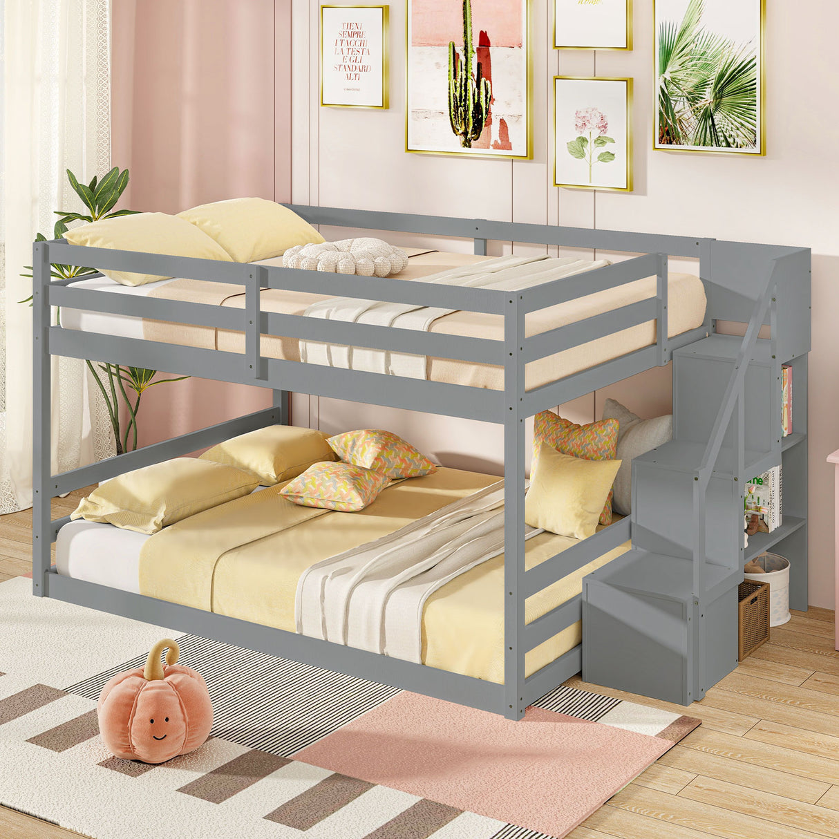 Solid Wood Full Over Full Low Bunk Bed with Storage Stairs