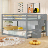 Solid Wood Full Over Full Low Bunk Bed with Storage Stairs