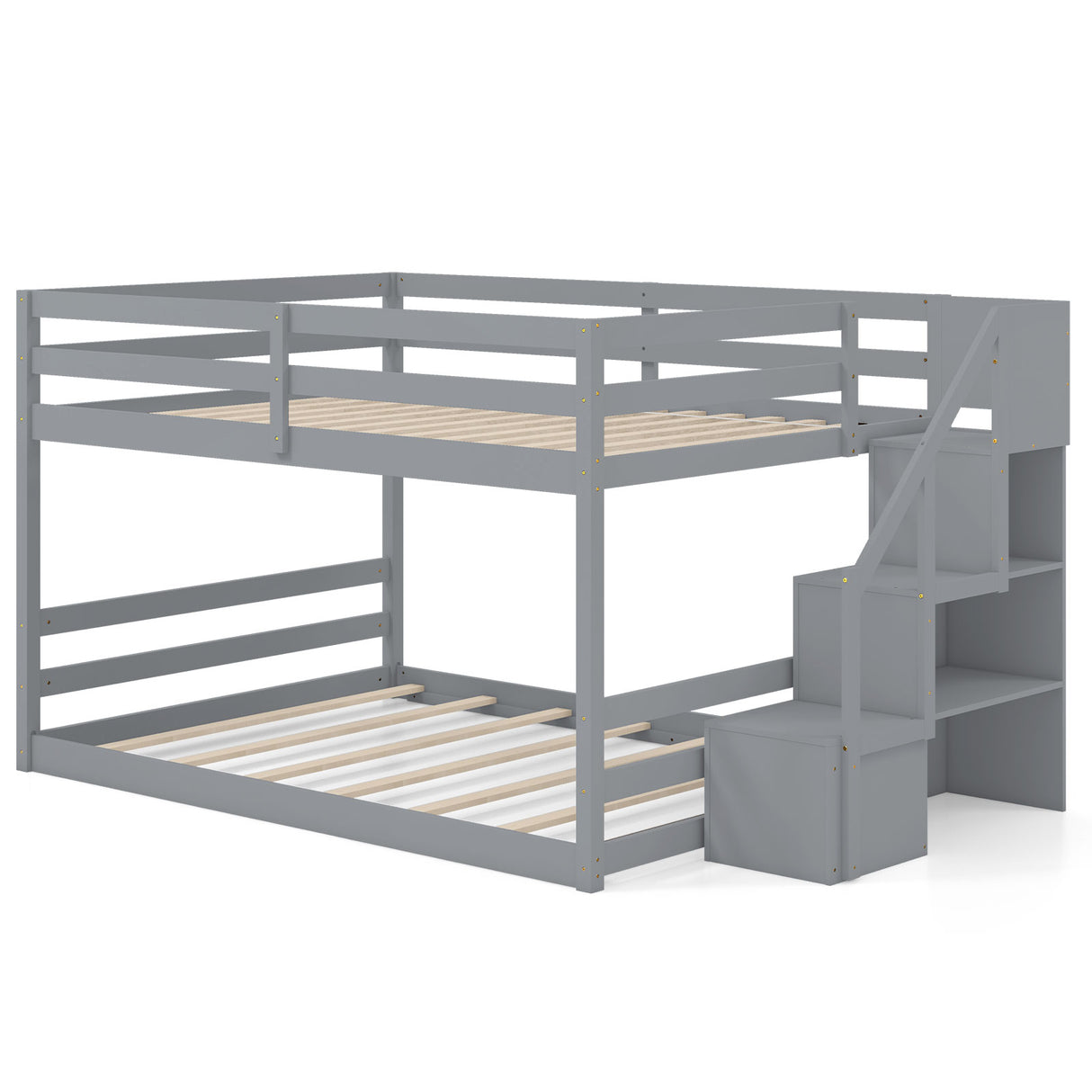 Solid Wood Full Over Full Low Bunk Bed with Storage Stairs