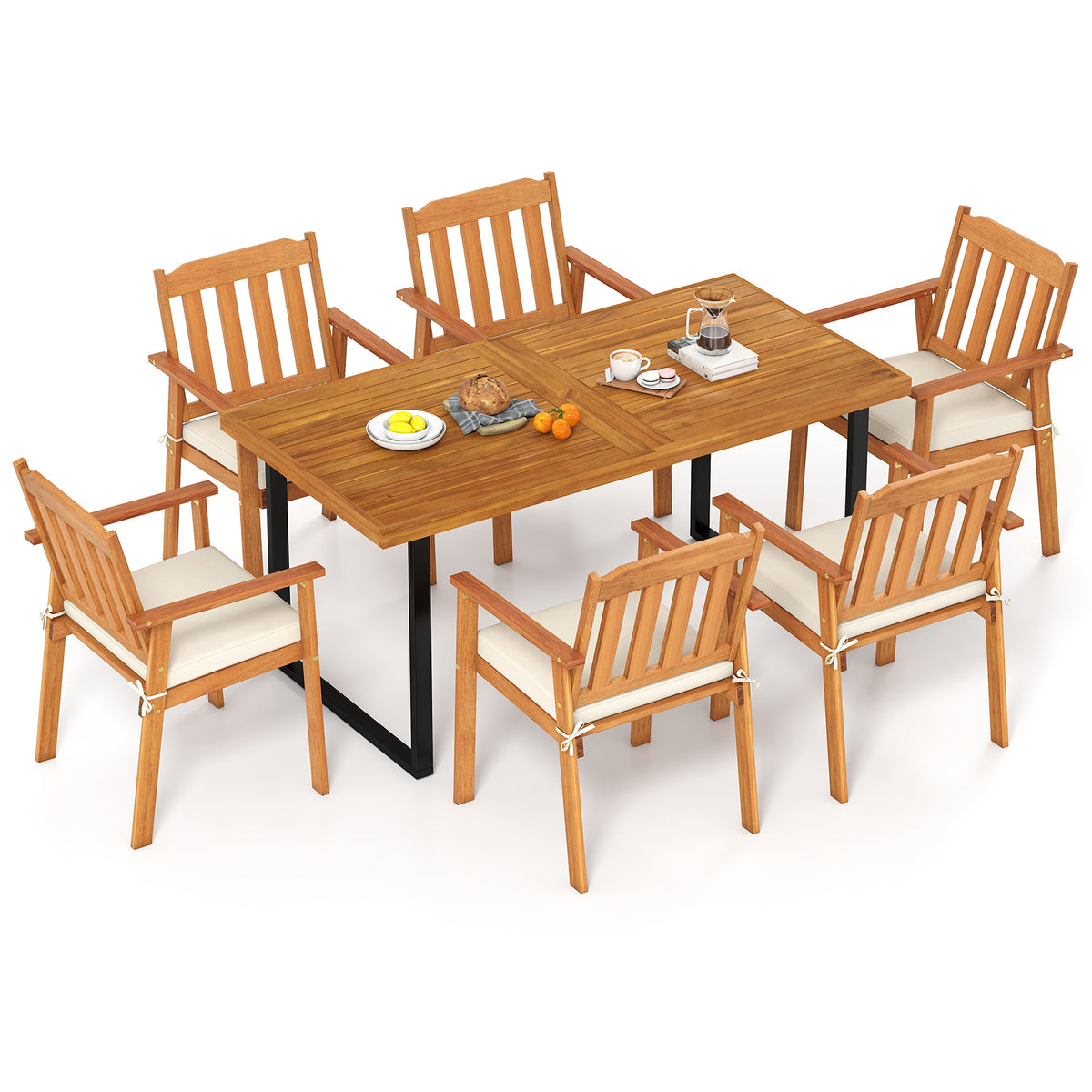 7 Pieces Patio Dining Table Set 63â Rectangle Table and 6 Acacia Wood Armchairs