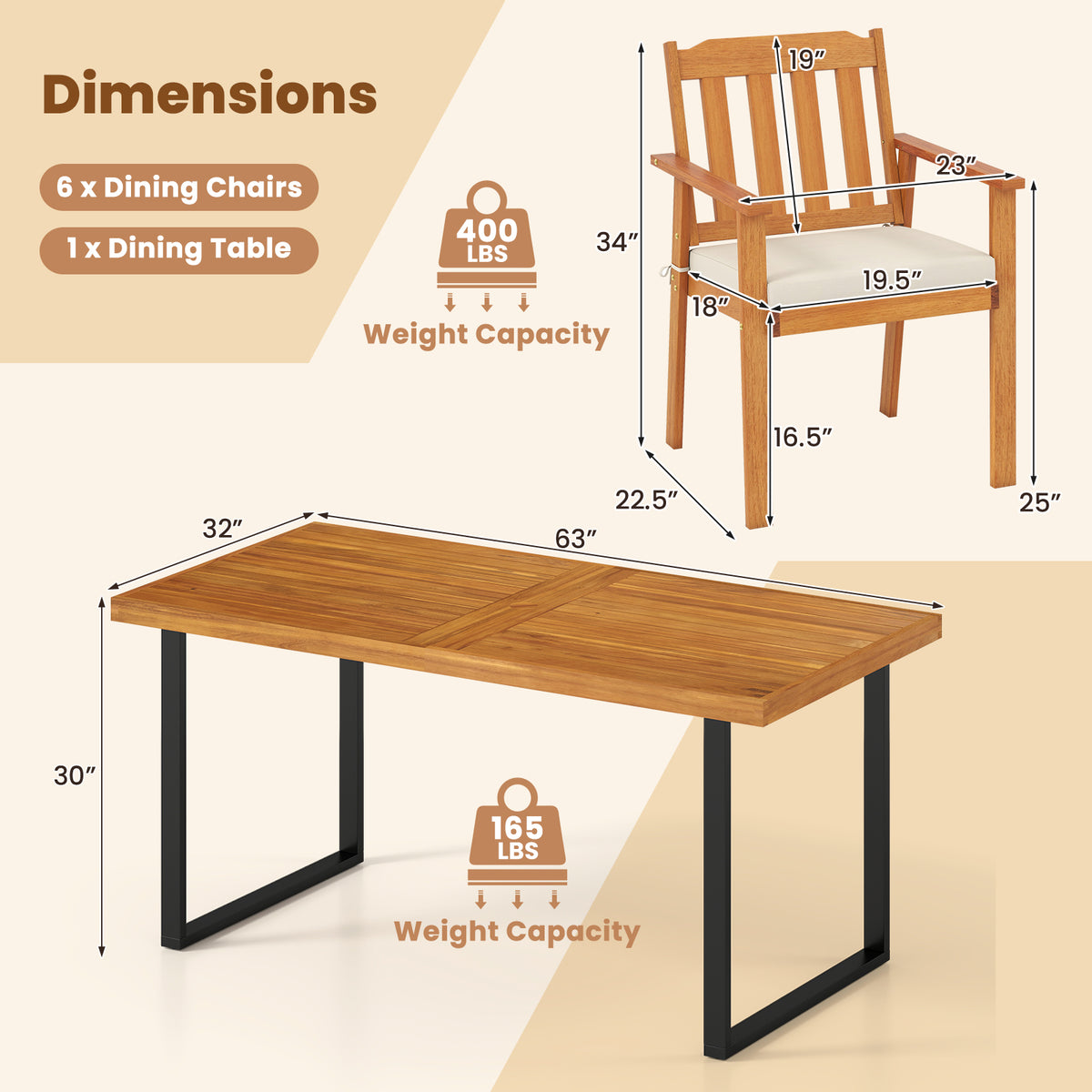 7 Pieces Patio Dining Table Set 63â Rectangle Table and 6 Acacia Wood Armchairs