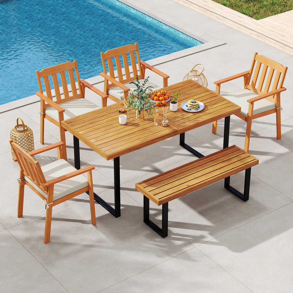 6 Pieces Patio Dining Table Set 63â Rectangle Table with 4 Acacia Wood Armchairs and Backless Bench