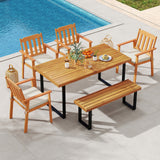 6 Pieces Patio Dining Table Set 63â Rectangle Table with 4 Acacia Wood Armchairs and Backless Bench