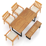 6 Pieces Patio Dining Table Set 63â Rectangle Table with 4 Acacia Wood Armchairs and Backless Bench