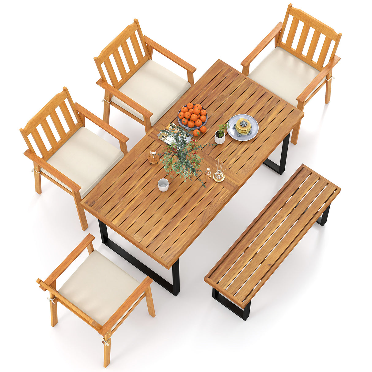 6 Pieces Patio Dining Table Set 63â Rectangle Table with 4 Acacia Wood Armchairs and Backless Bench